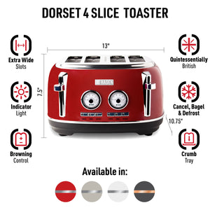 Dorset Red 4-Slice Toaster